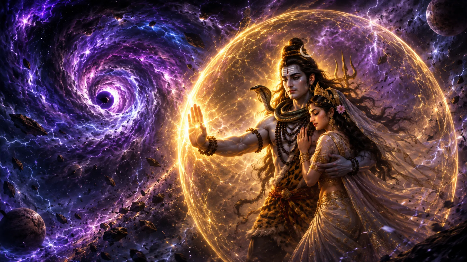 Lord Shiva using his divine aura to shield Goddess Parvati from a swirling cosmic storm.