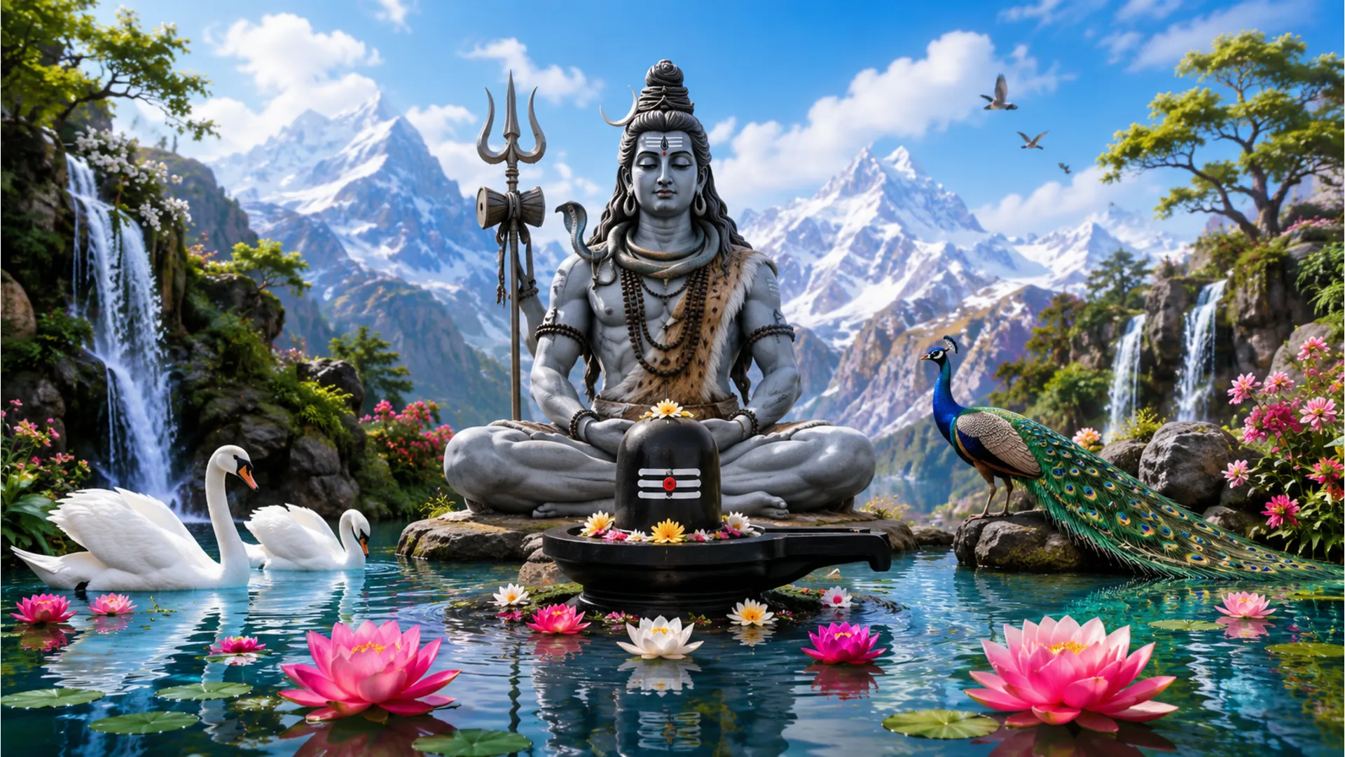 Gray Shiva statue seated near a black sacred stone with lotus flowers, birds, and mountain scenery