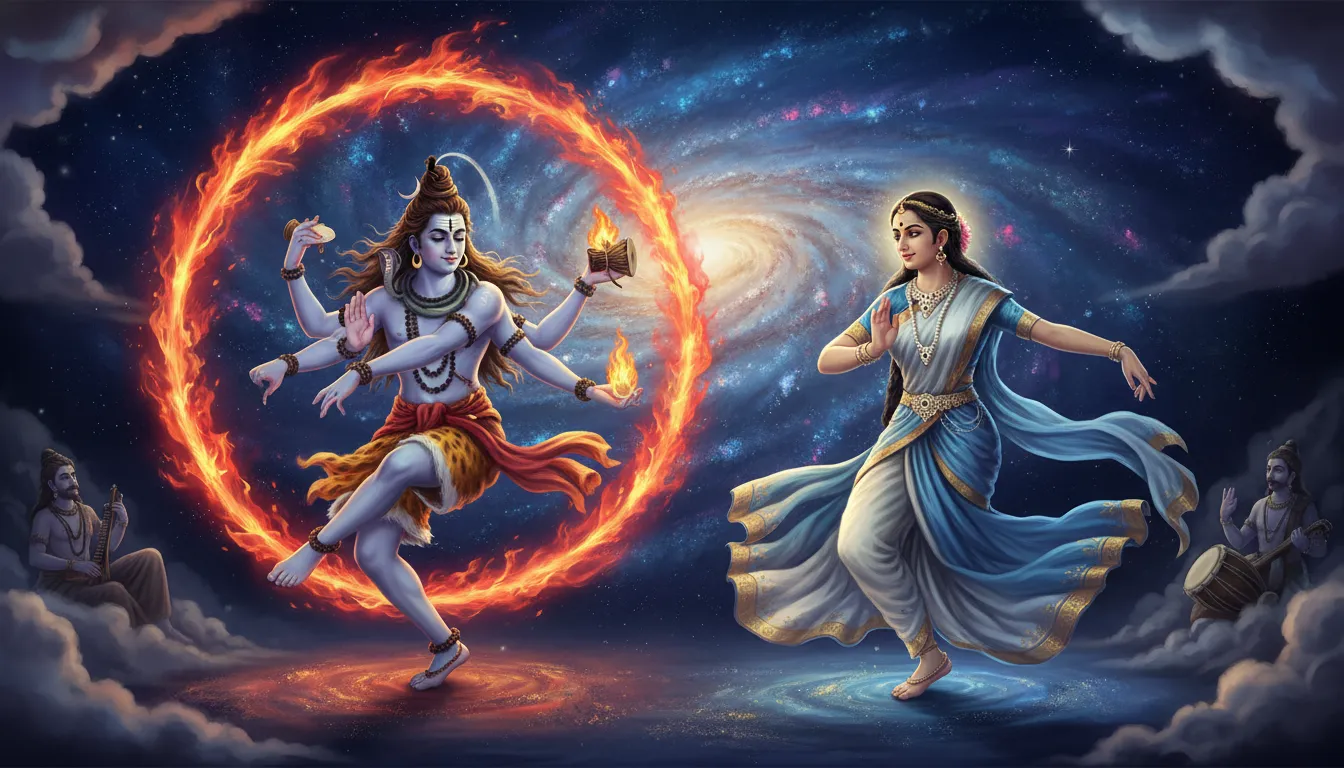 Lord Shiva performing the energetic Tandava dance while Goddess Parvati performs the graceful Lasya.