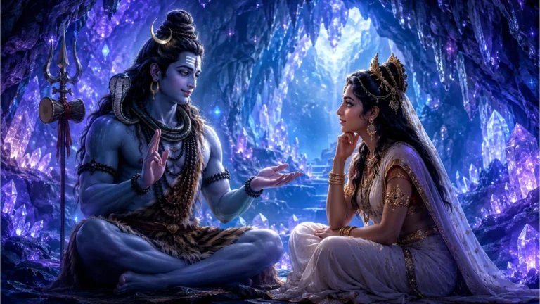 Lord Shiva speaking gently to Goddess Parvati, explaining cosmic secrets in a glowing cave.