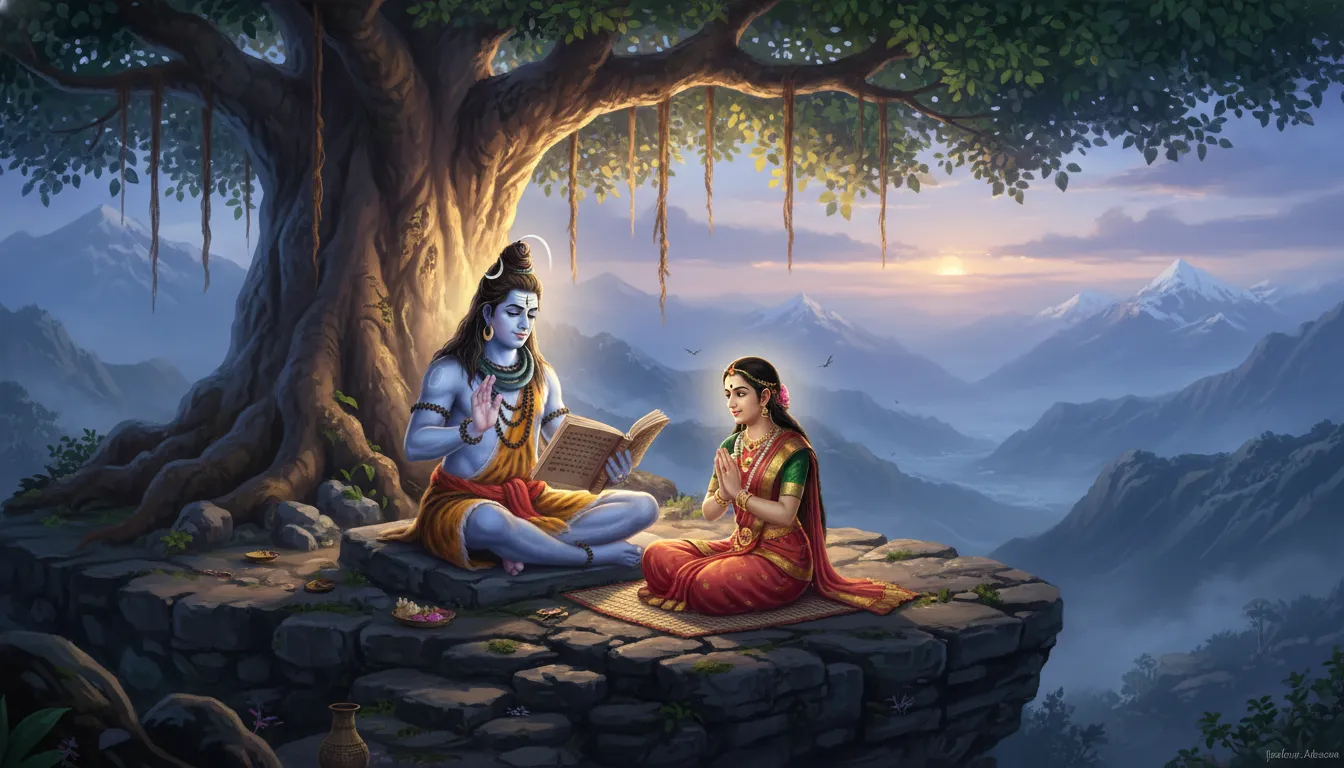 Lord Shiva in a teacher pose explaining sacred knowledge to an attentive Goddess Parvati.