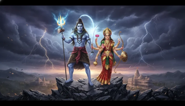Lord Shiva holding his Trishul and Goddess Parvati in her fierce Durga form, standing as protectors.