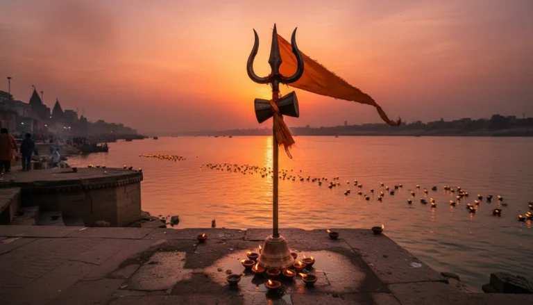 Lord Shiva Trishul near River Ganga at sunset wallpaper 1080p.