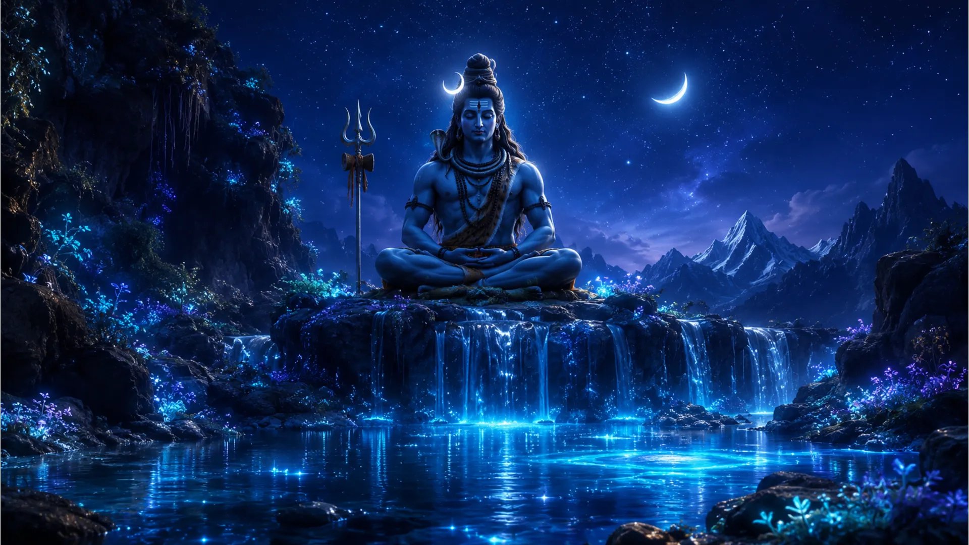 Deep twilight scene of Lord Shiva meditating above a glowing bio-luminescent waterfall