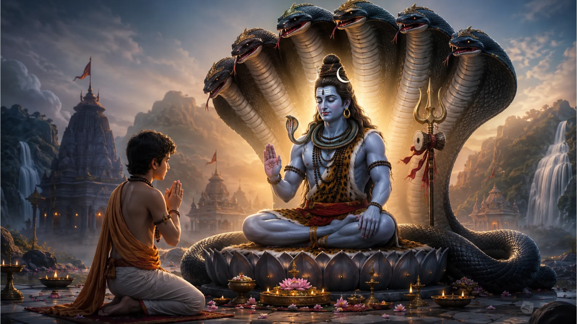 Shiva seated under large serpent with child devotee praying in front