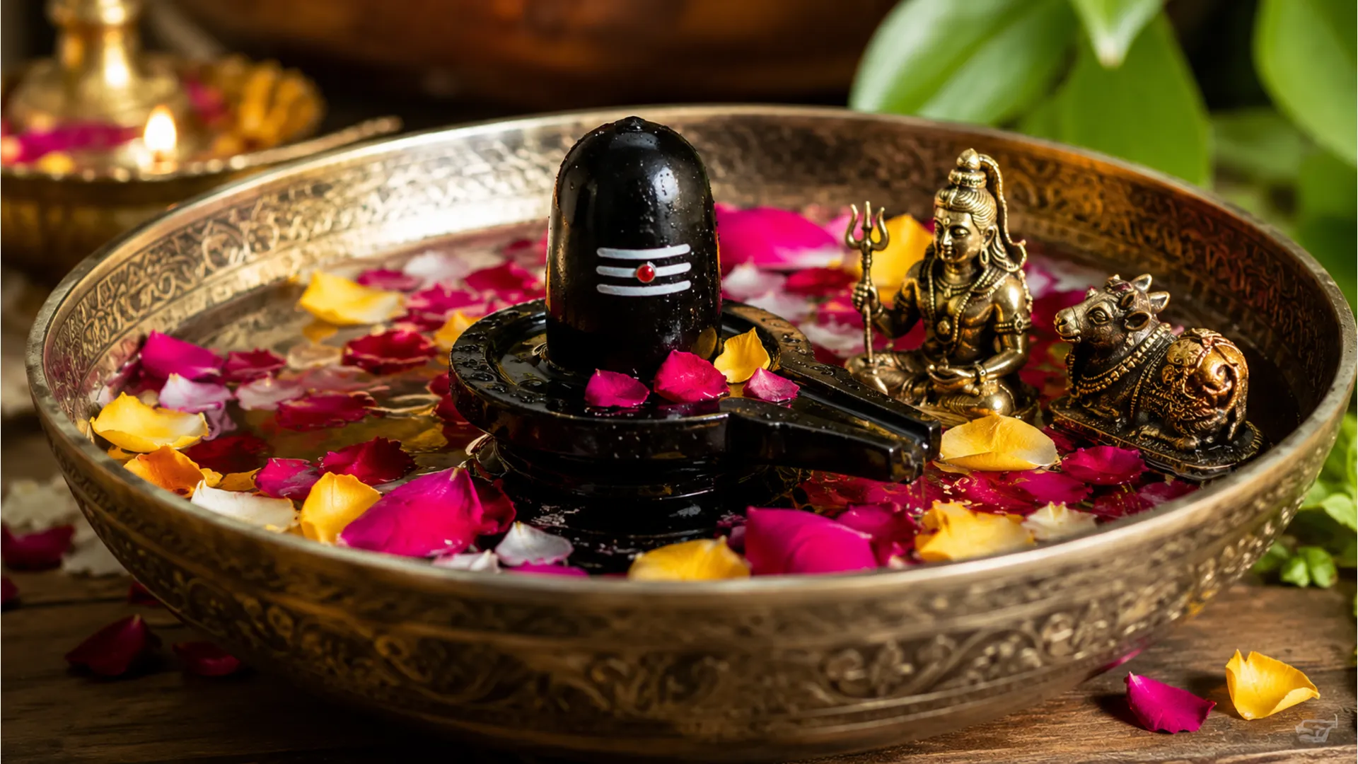 small Shiva lingam with miniature idols surrounded by rose petals in a bowl