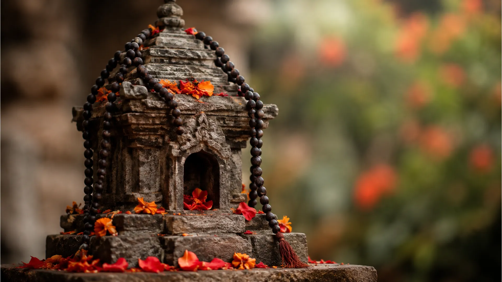 Small sacred stone decorated with rudraksha beads and colorful petals