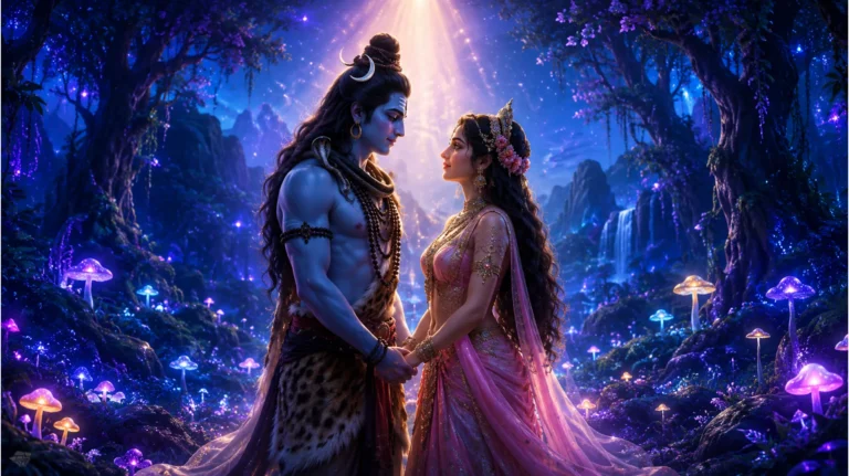 Shiva holding Parvati's hand during twilight in an enchanted deep blue and purple forest