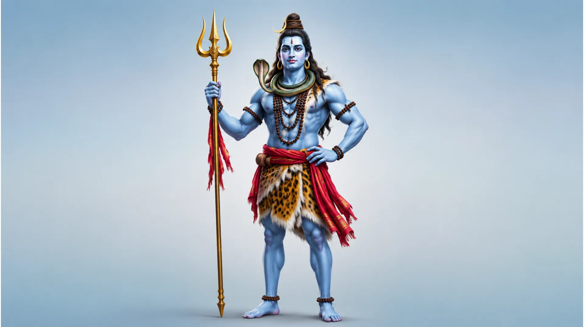 A standing depiction of Lord Shiva holds a golden trident and wears red and black garments.