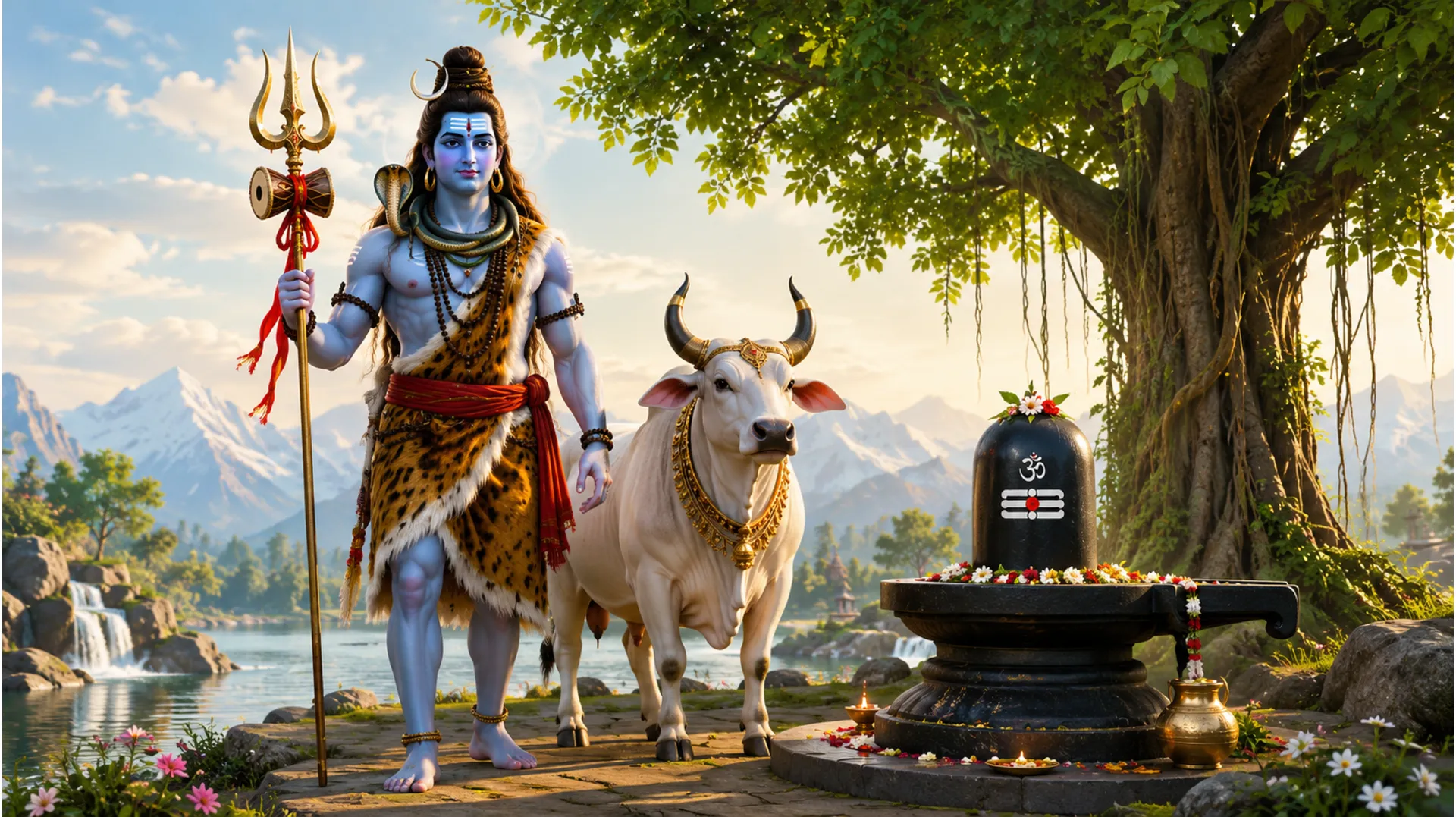 Lord Shiva standing with a trident near a sacred bull and Shiva lingam under a tree.