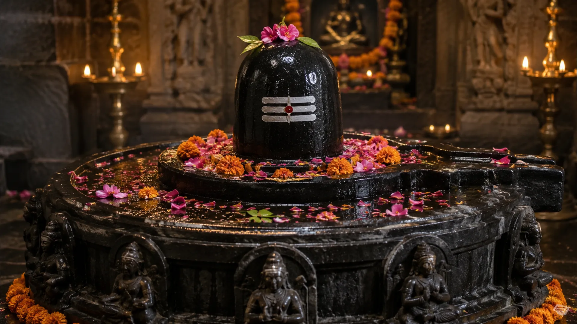 black stone shiva lingam decorated with colorful flower petals in temple setting