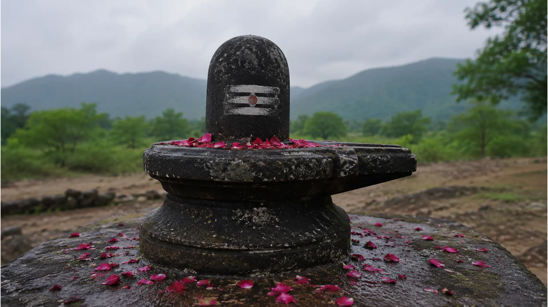 stone Shiva lingam with scattered rose petals in an outdoor setting