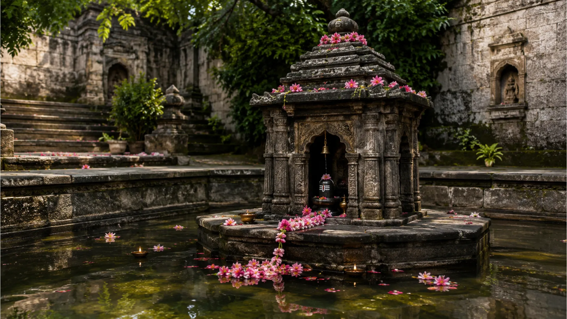 small stone shrine in water basin surrounded by pink flowers and ritual setup
