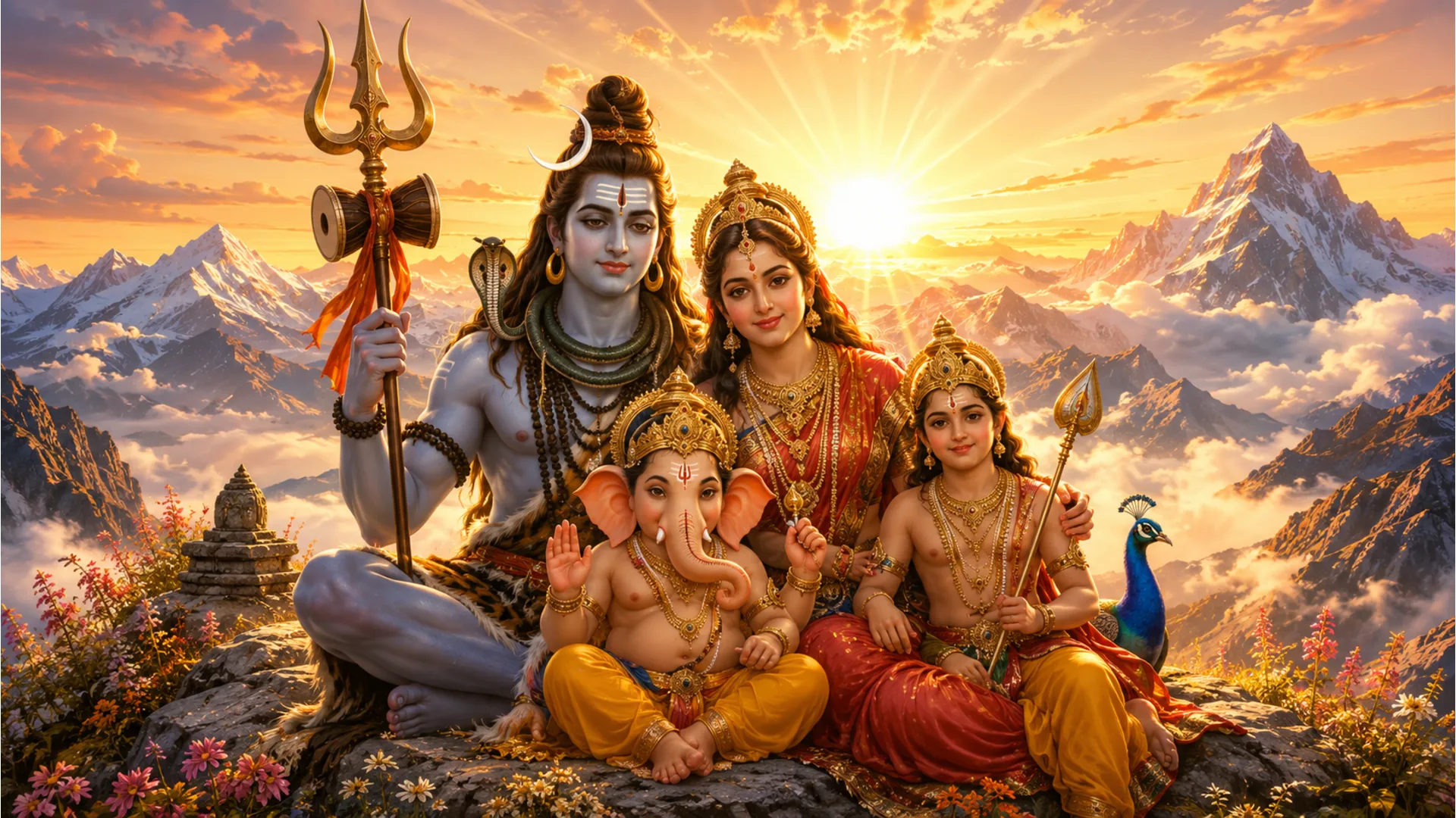 Full hd lord shiva family hd wallpapers 1080p with bright morning sunrise background.
