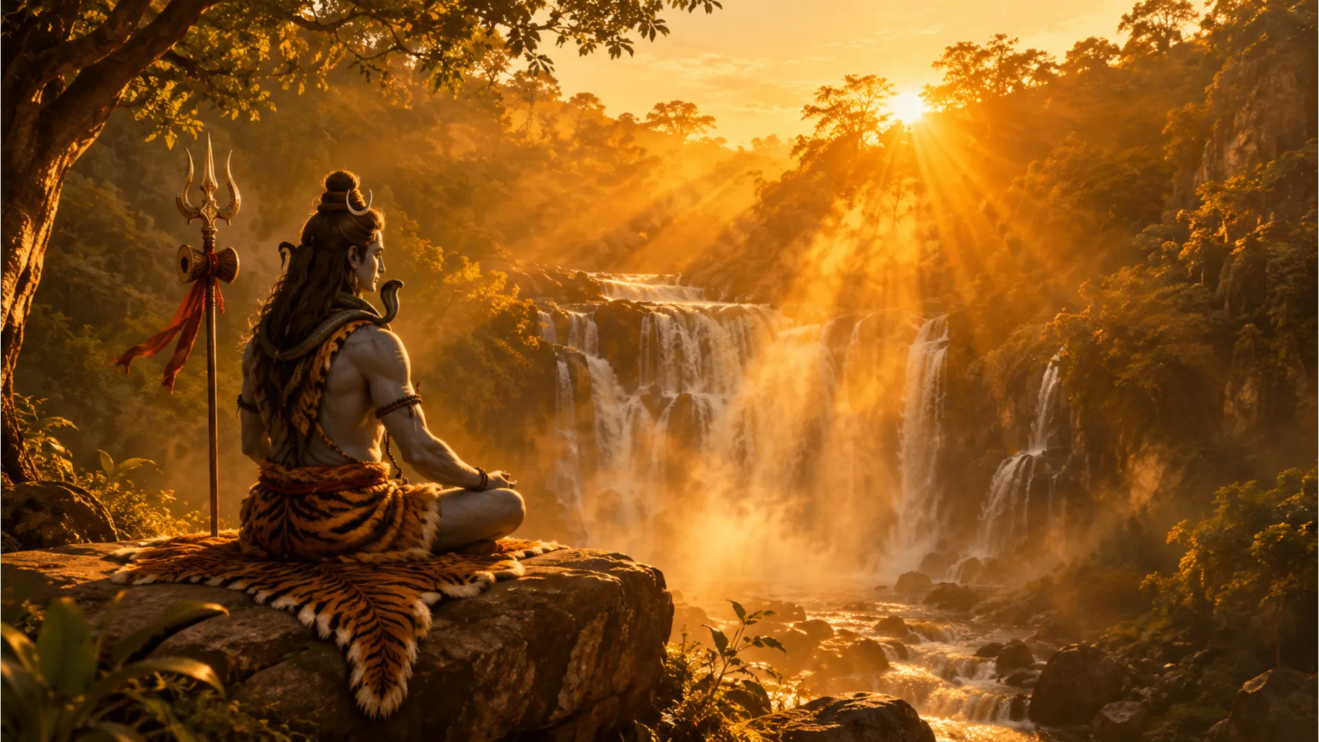 Intense golden hour sunlight illuminating Lord Shiva meditating above a forest waterfall
