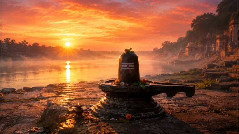 Golden sunrise light illuminating a stone Shiva Lingam full HD wallpaper 1080p near a calm river bank.