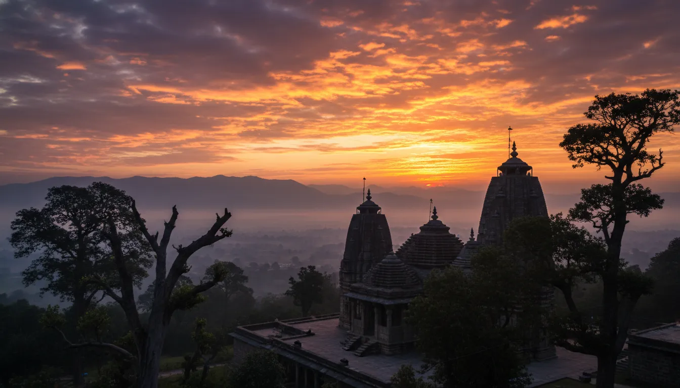 The shikhara spires of Mukteshwar Mahadev Temple silhouetted against a vibrant sunrise.