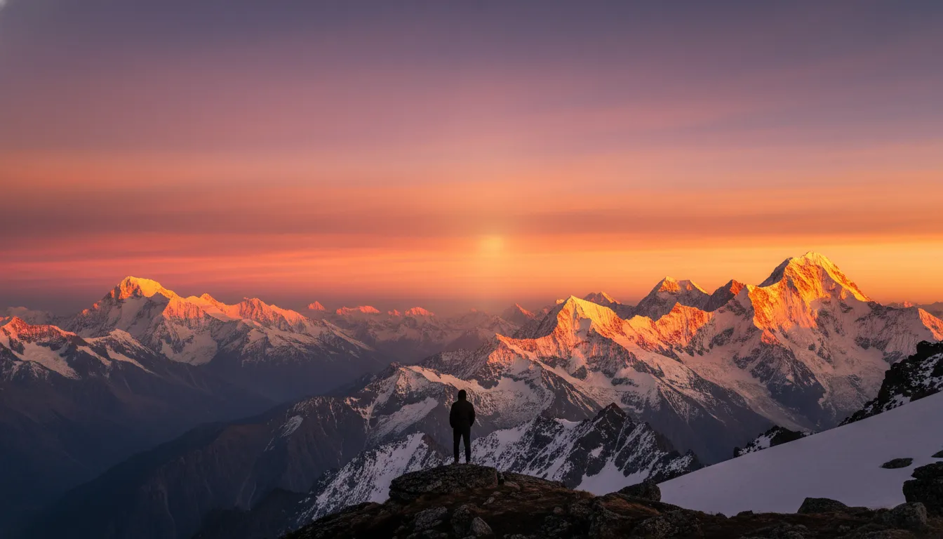 Beautiful golden sunset casting orange light on snow-covered peaks of Shrikhand Mahadev range