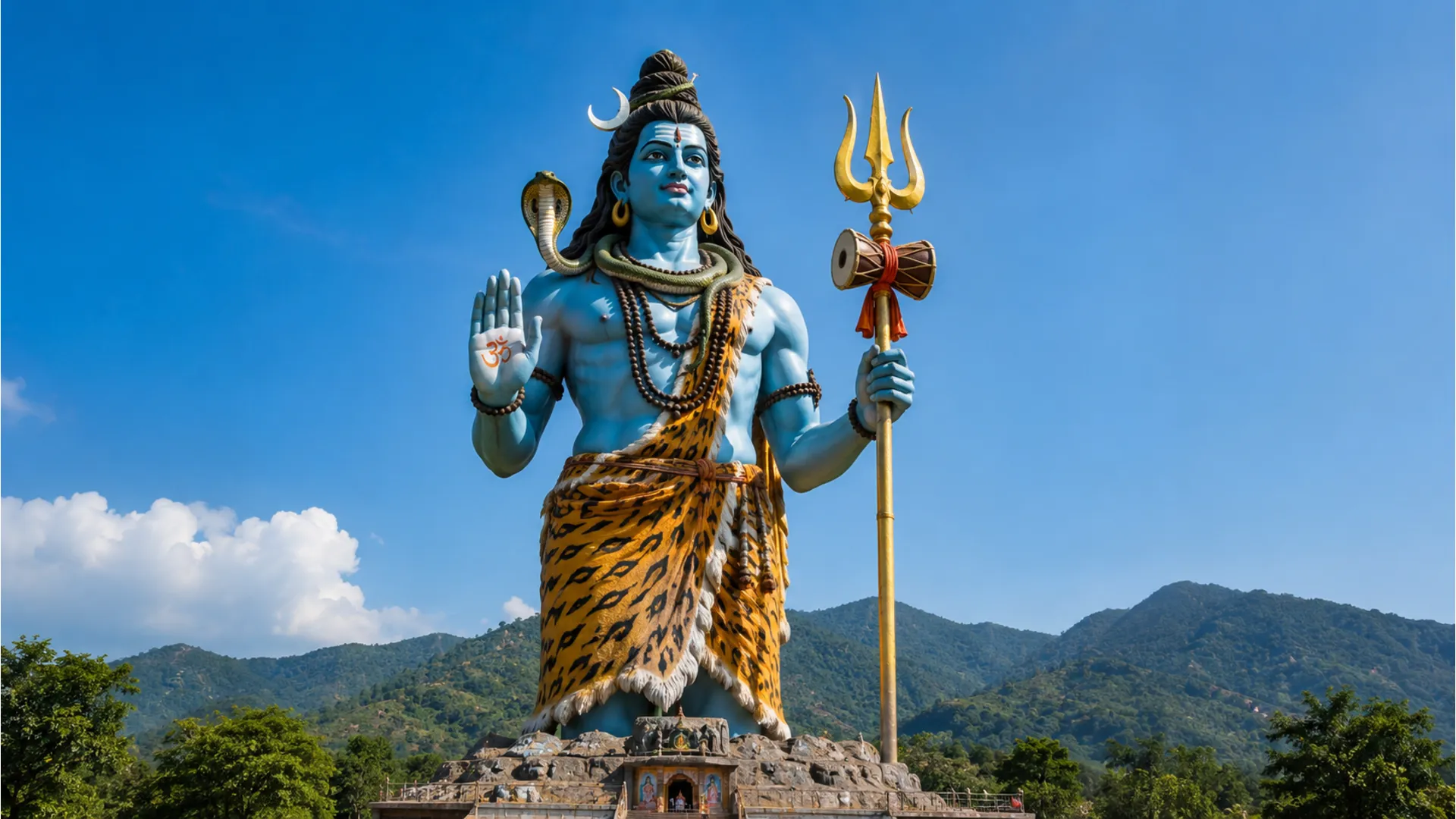A tall blue Shiva statue stands holding a golden trident, with a snake around the neck and hills under a clear sky.