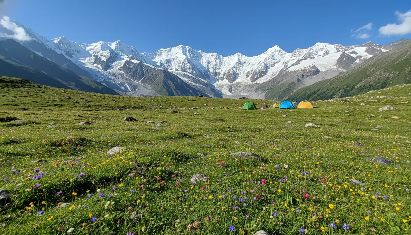 Vibrant green alpine meadows of Thachru with colorful wild flowers and tents