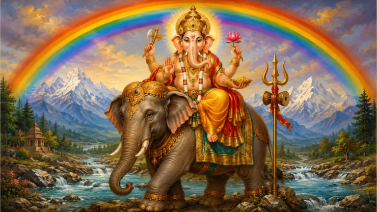 Traditional style painting of Lord Ganesha on an elephant with a bright rainbow backdrop
