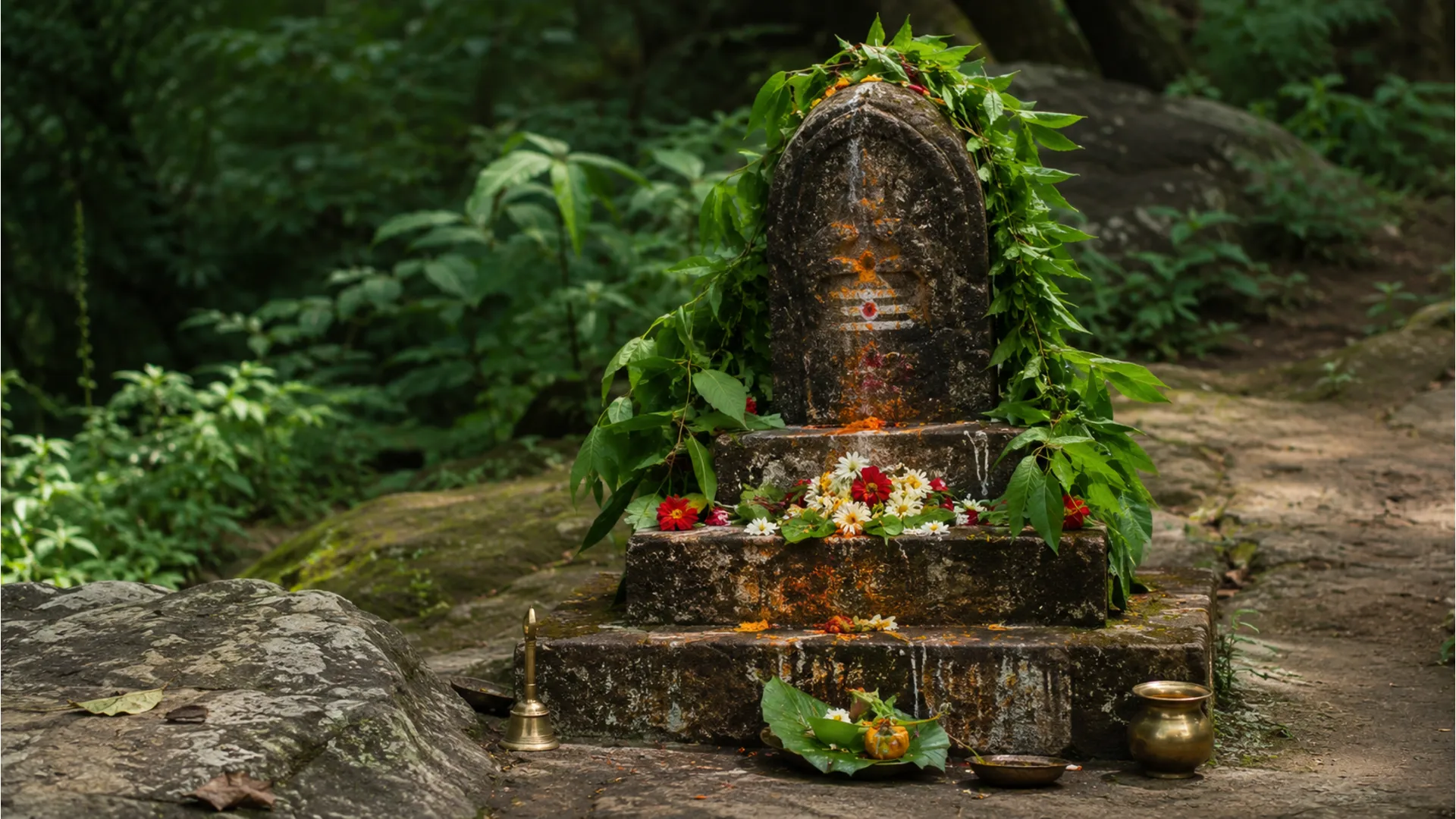stone shrine decorated with green leaves, flowers, and ritual markings outdoors