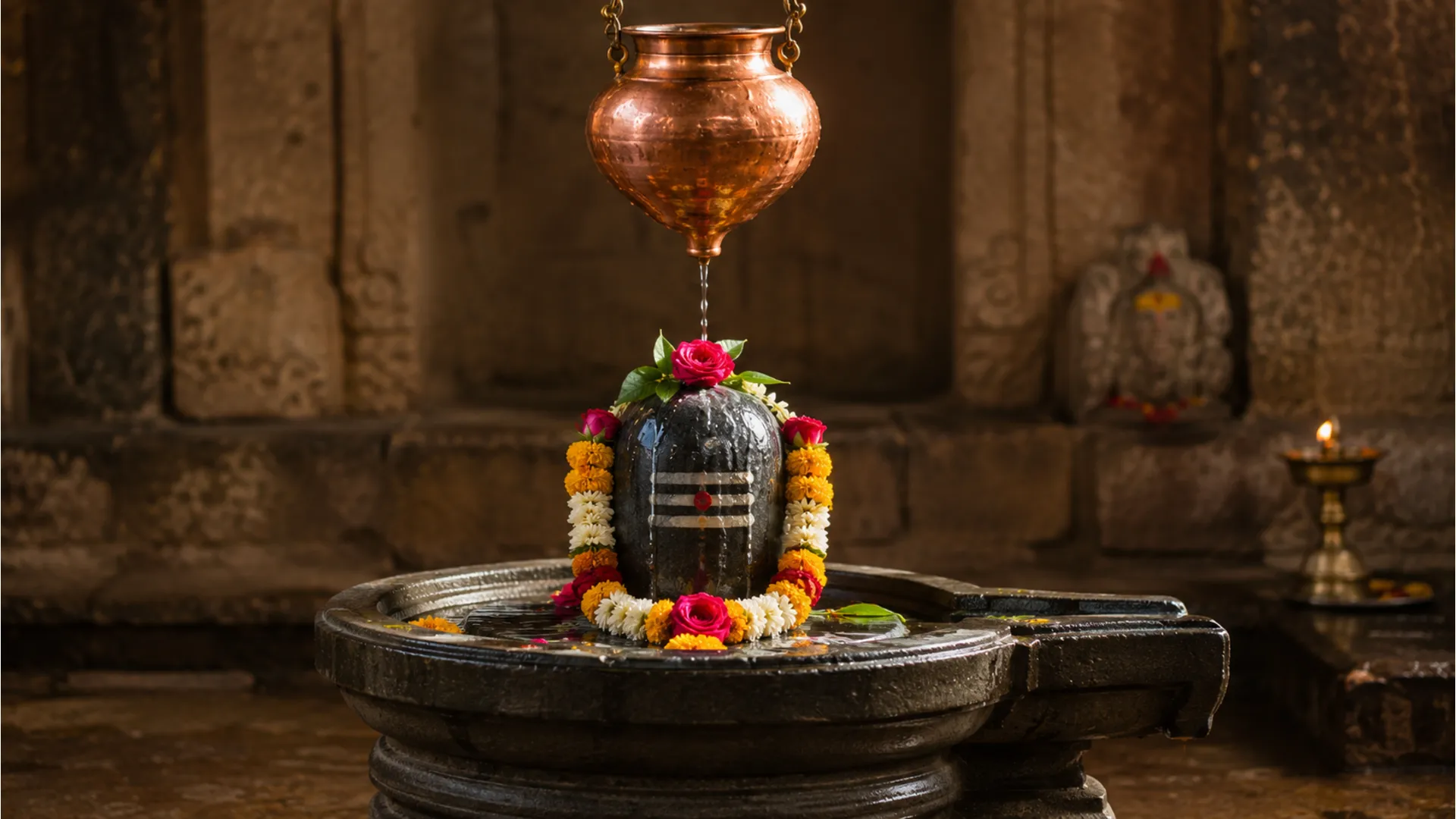 stone shiva lingam with copper pot dripping water and floral garlands