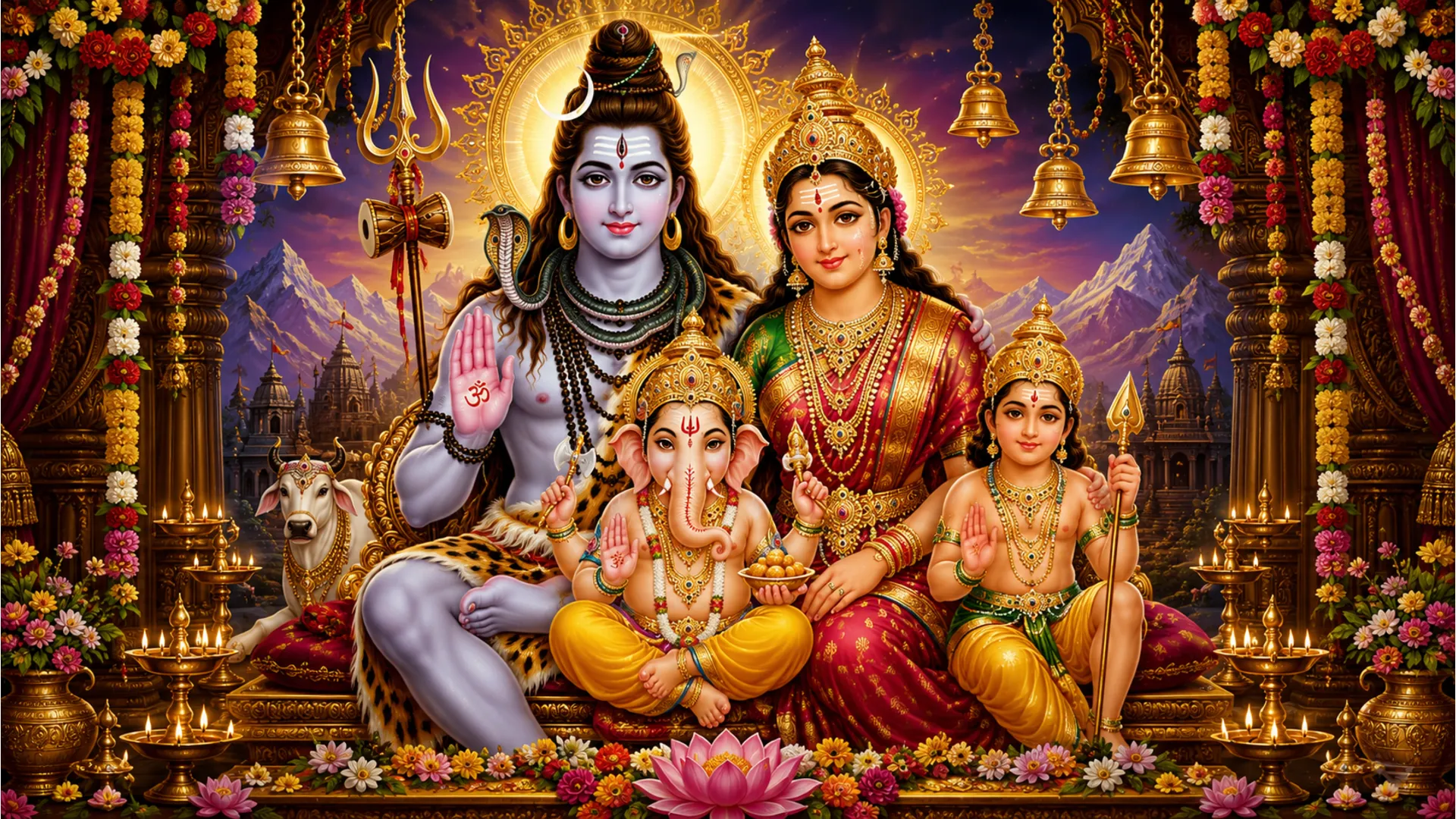 Full hd lord shiva family hd wallpapers 1080p in traditional Indian digital art style.