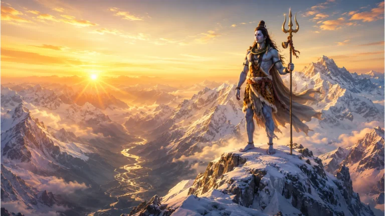 Lord Shiva standing on a high peak with a trident at sunrise