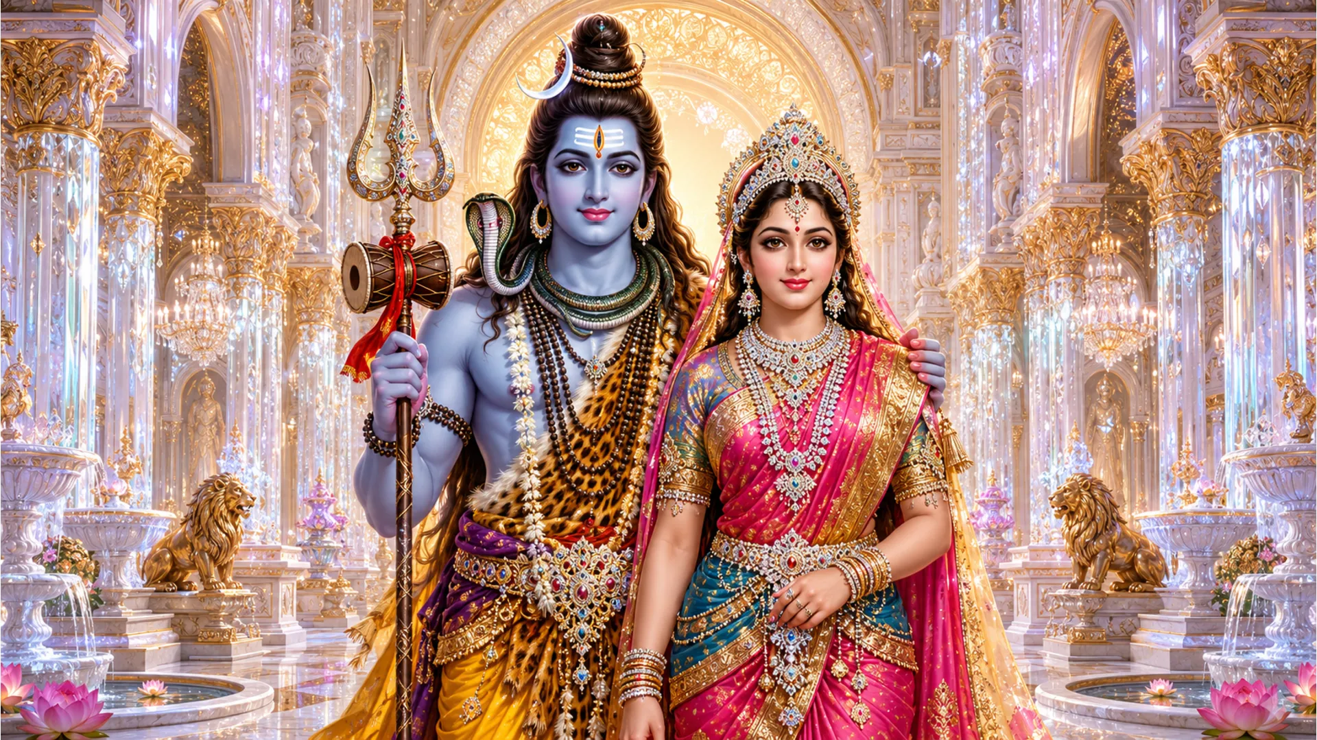 Lord Shiva and Goddess Parvati dressed in royal clothing inside a beautiful glowing celestial palace.