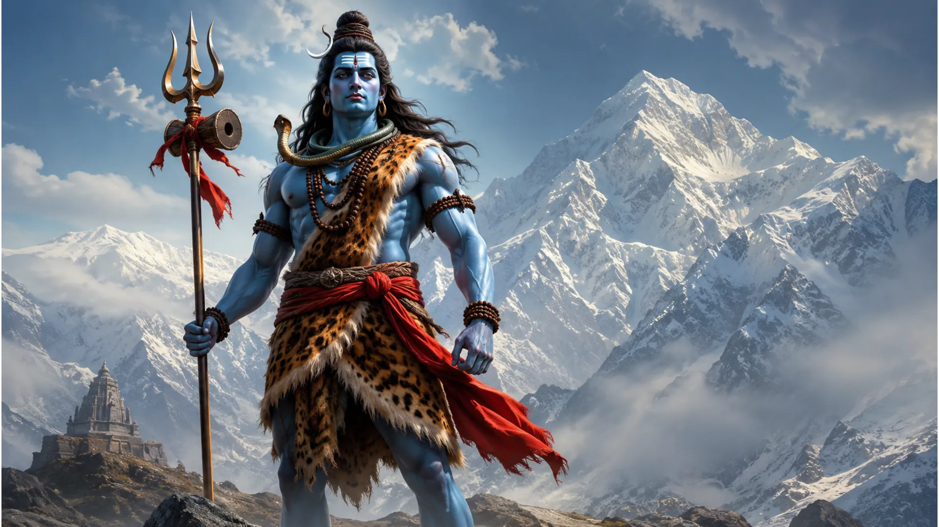Lord Shiva is shown in a powerful standing pose holding a long spear-like weapon.