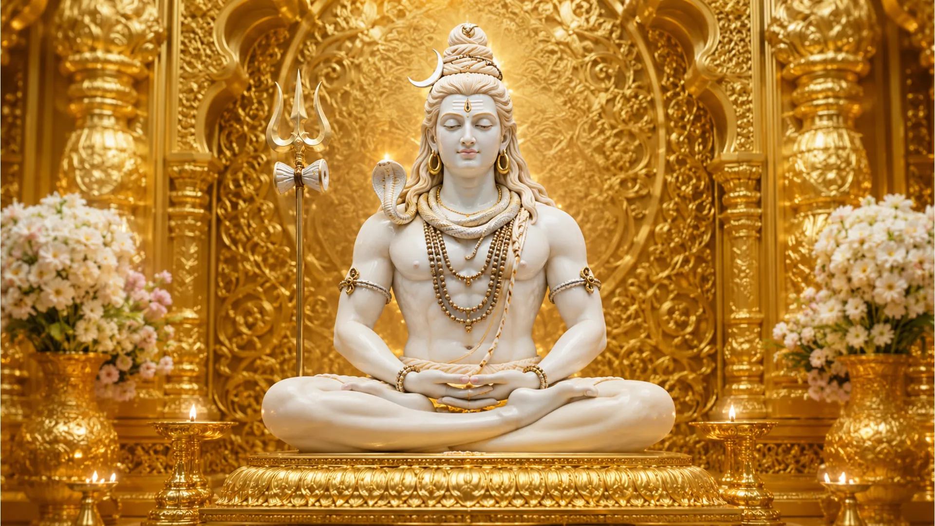 White Lord Shiva statue seated in meditation inside a golden temple with floral decorations