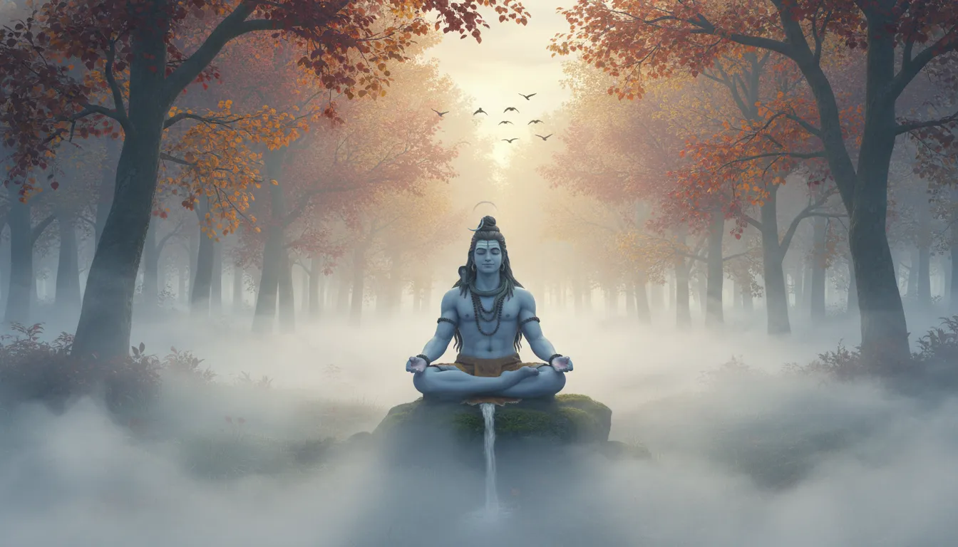 Lord Shiva meditating in autumn forest with morning mist and fog