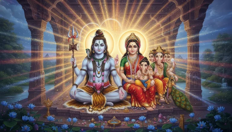 Shiva Parvati family glowing with divine aura on mountain