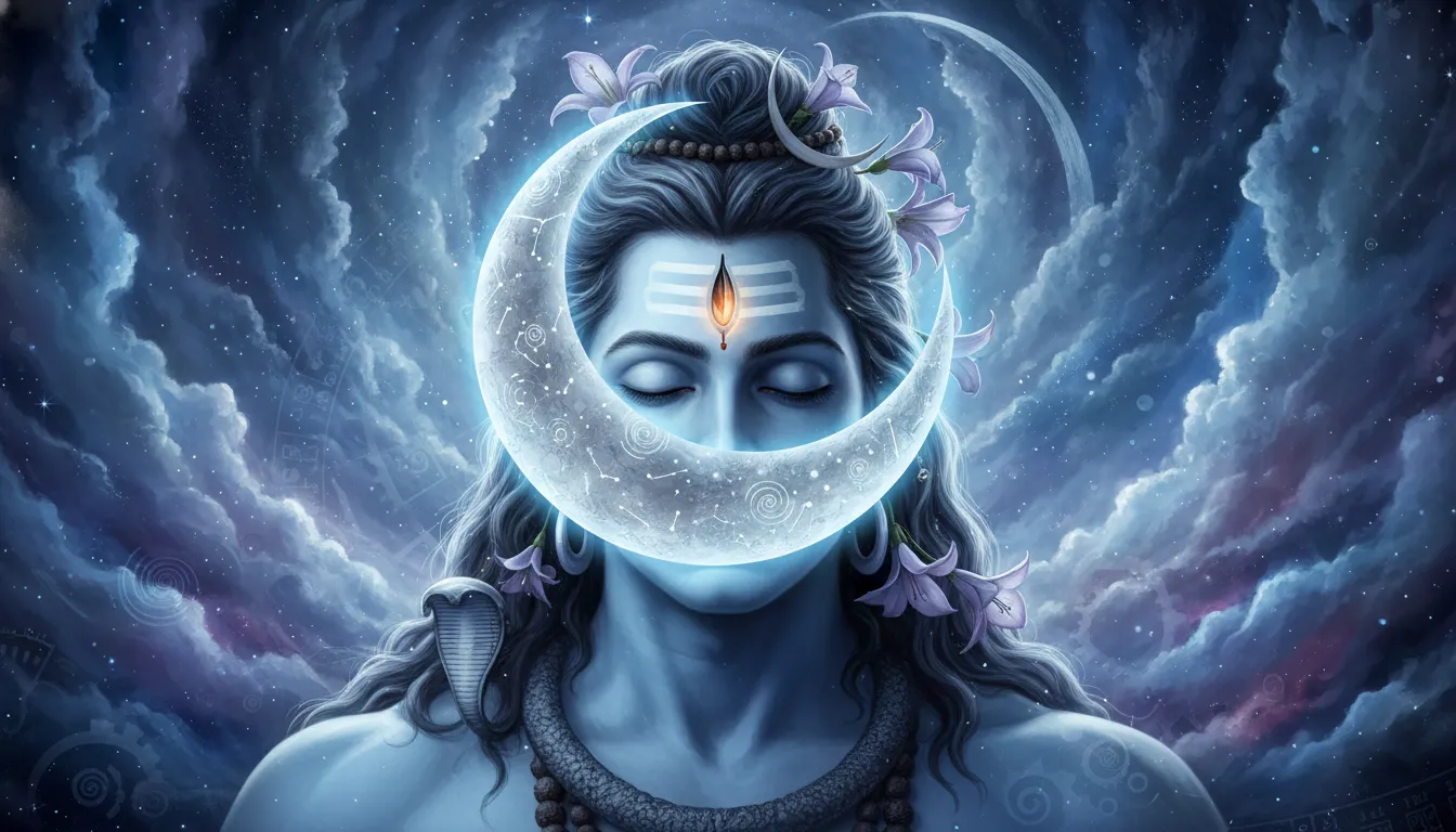 The silver crescent moon shining brightly in Lord Shiva's hair during his celestial dance.