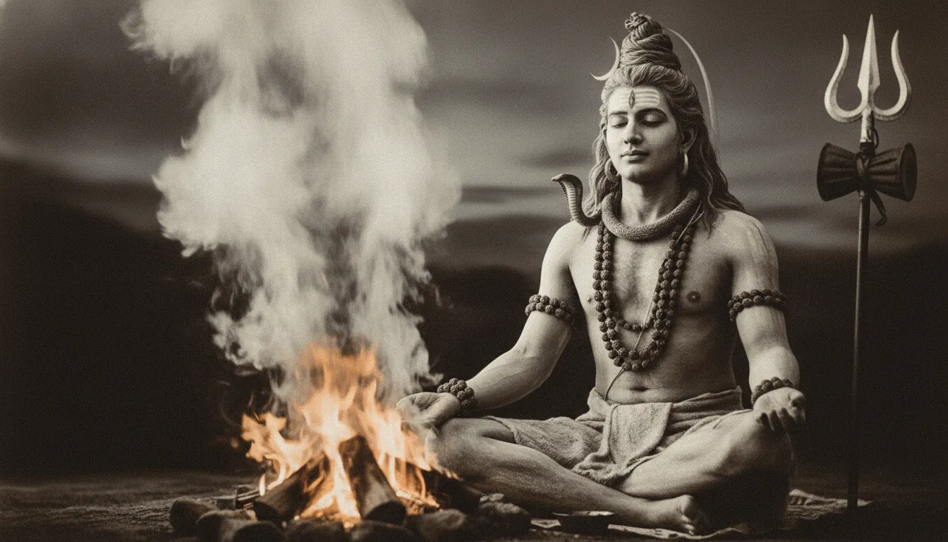 Mystical Mahadev old photo sitting near a sacred fire with swirling smoke textures.