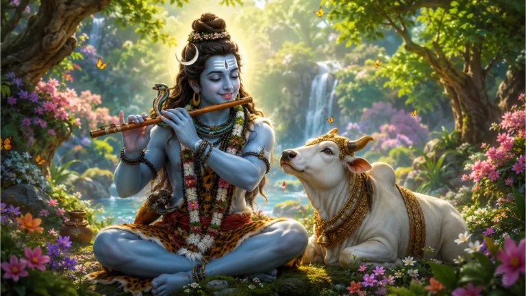A youthful Lord Shiva playing a divine melody on a flute to a joyful Nandi.