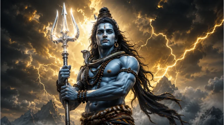 A powerful young warrior form of Lord Shiva holding a sharp glowing trident on a battlefield.