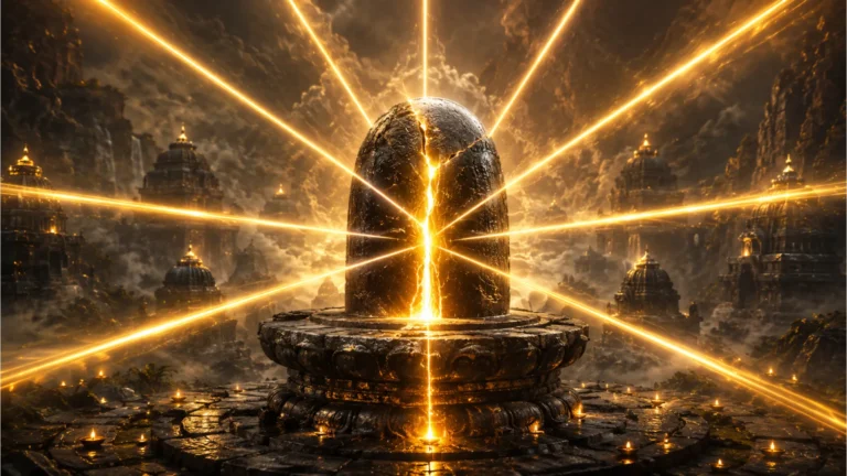 A grand symbolic Shivling radiating twelve distinct beams of golden light representing the Jyotirlingas.