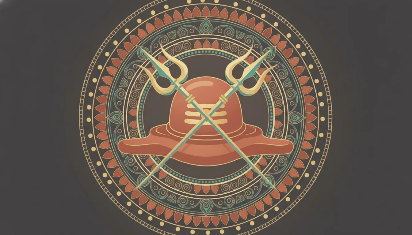 A detailed 2D illustration of a Shivling and a crossed Trishul set against a symmetrical sacred geometry mandala pattern.
