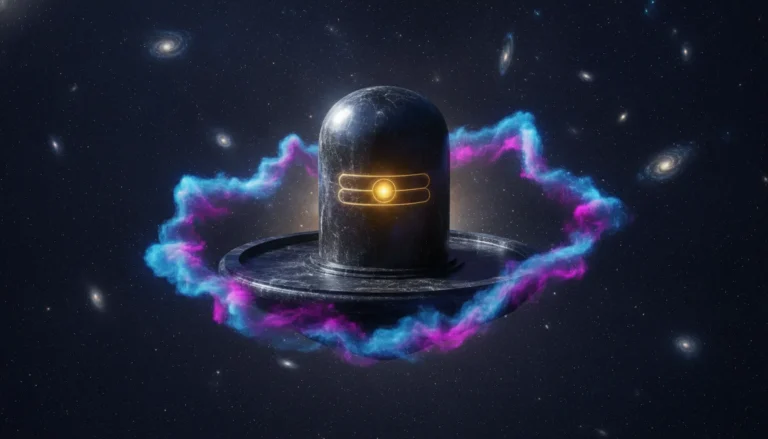 Full hd images of shivling in a cosmic 3D digital render with nebulae, stars, and galaxies glowing in the deep space background.