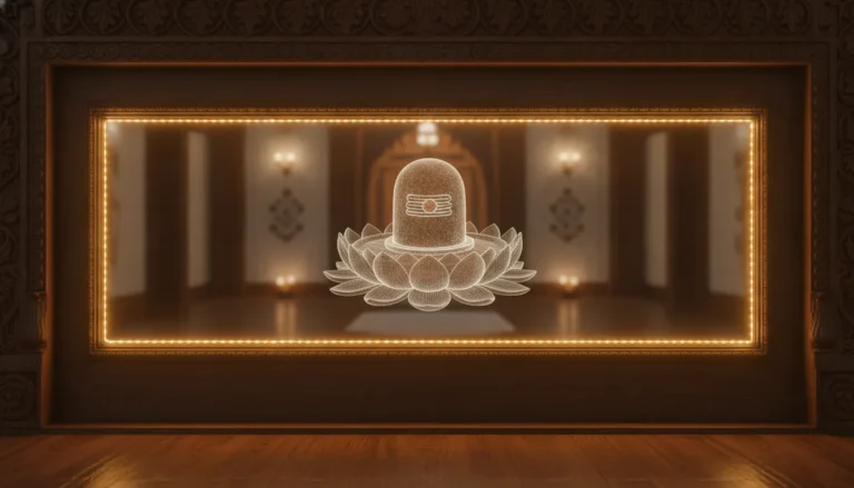 A temple room glass door featuring a highly detailed 3D laser engraved image of Lord Shiva lingam inside the glass pane.