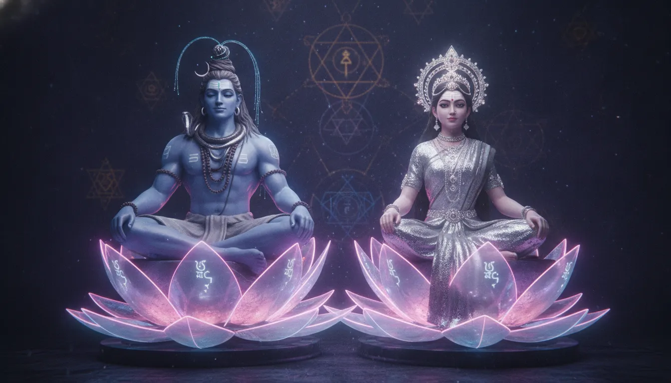 Cinematic 3D render of Shiva and Parvati sitting on glowing neon lotus thrones