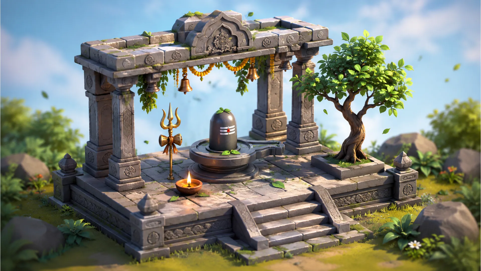 Cute 3D isometric miniature model of a Shiva temple with Shivling