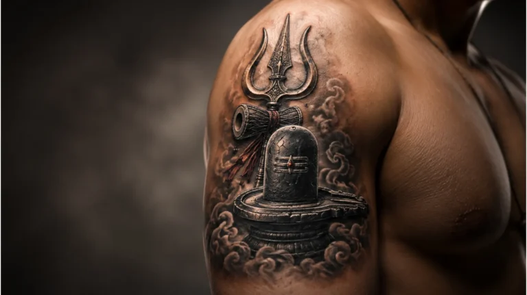 Ultra-realistic 3D shivling tattoo image on the shoulder blended with a metallic trishul and dynamic smoke effects.