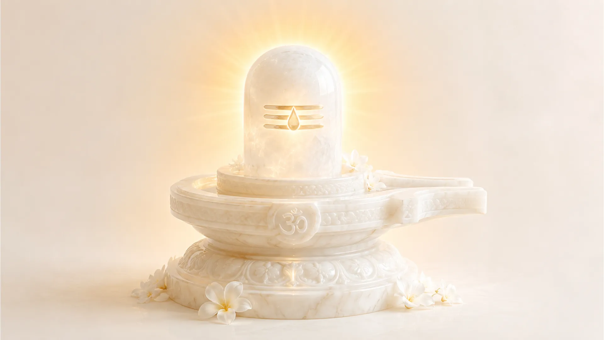Pure white marble 3D Shivling image with a soft glowing divine aura