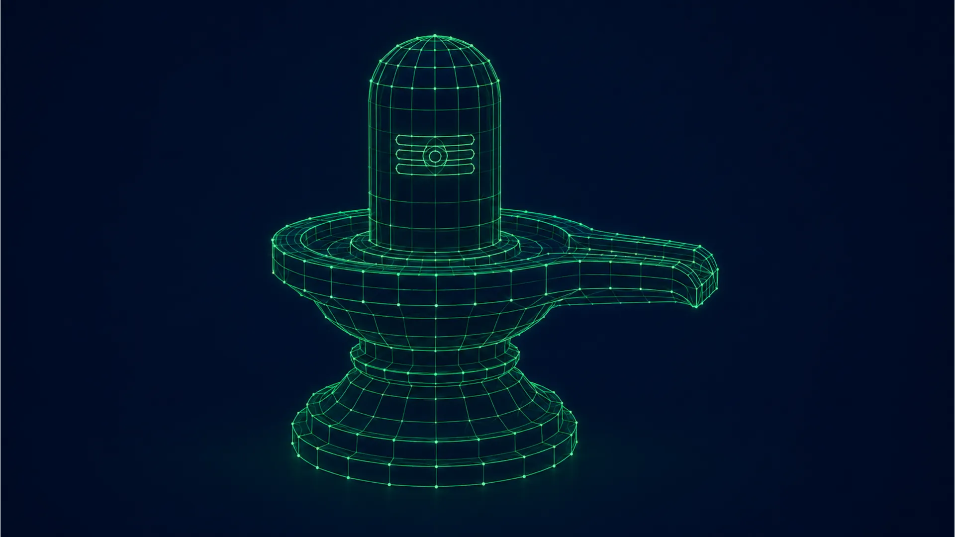 Minimalist 3D wireframe mesh blueprint design of a Shivling