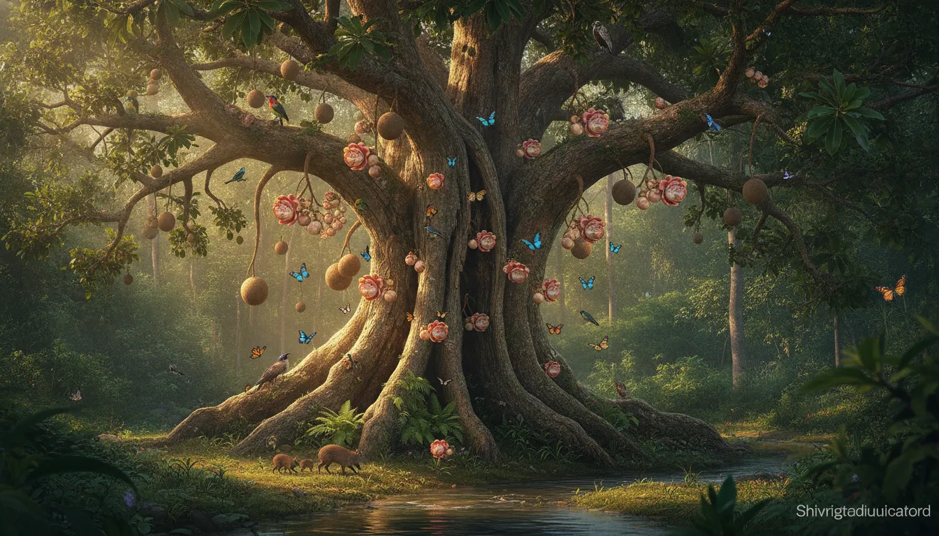 A wide-angle landscape shot of a large, healthy Shivling tree, showcasing its full form, unique bark, leaves, flowers, and fruits, with birds perched on branches.