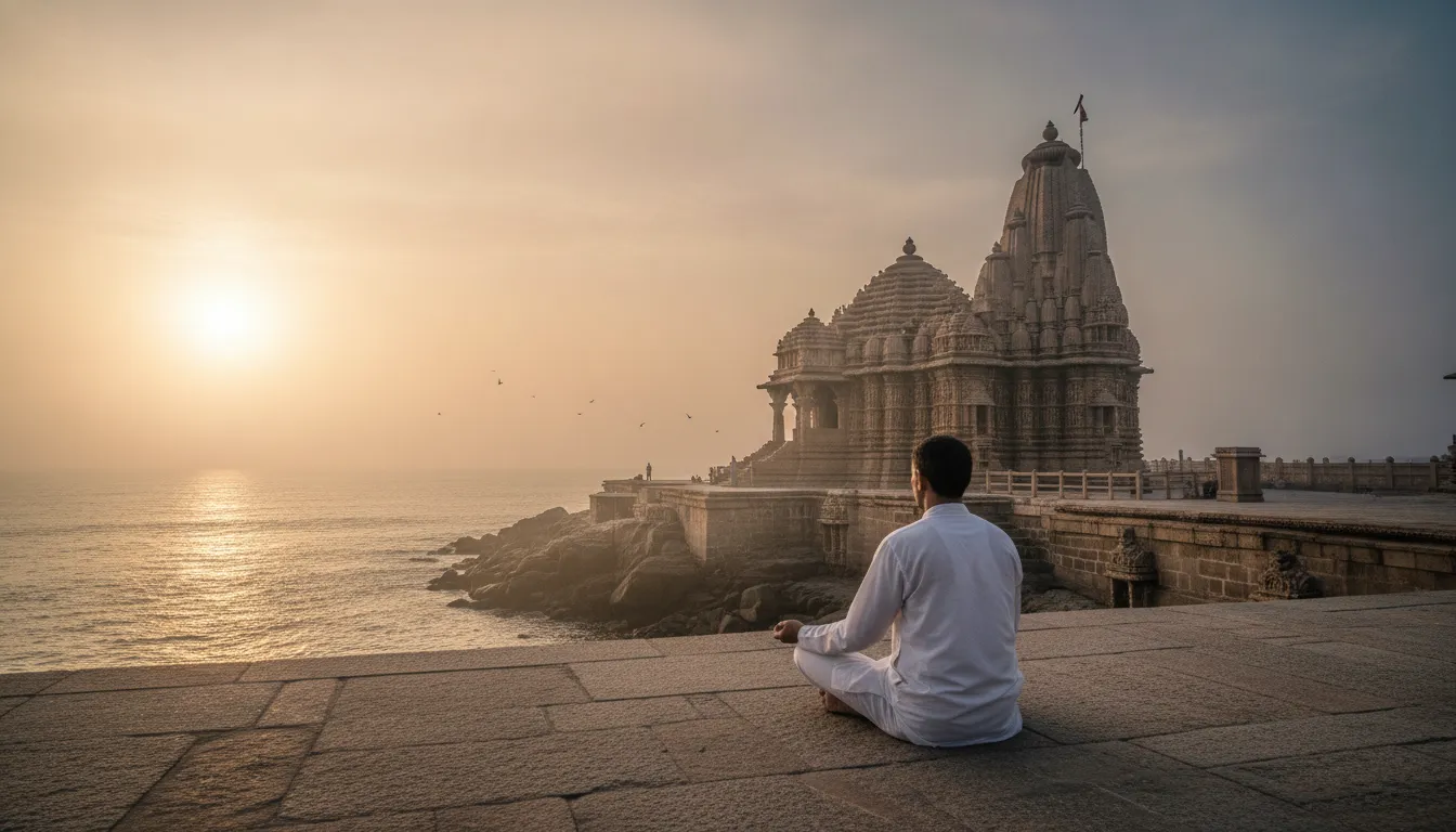 A peaceful moment of reflection as a devotee sits in meditation before the revered Somnath Shivling.