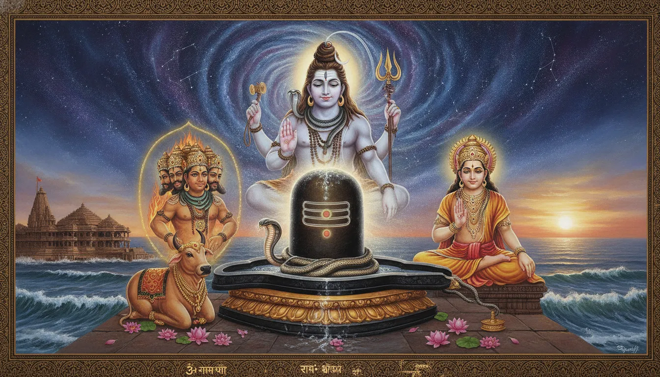An illustrative depiction of the Somnath Shivling adorned with traditional symbols like the Trishula and Nandi.